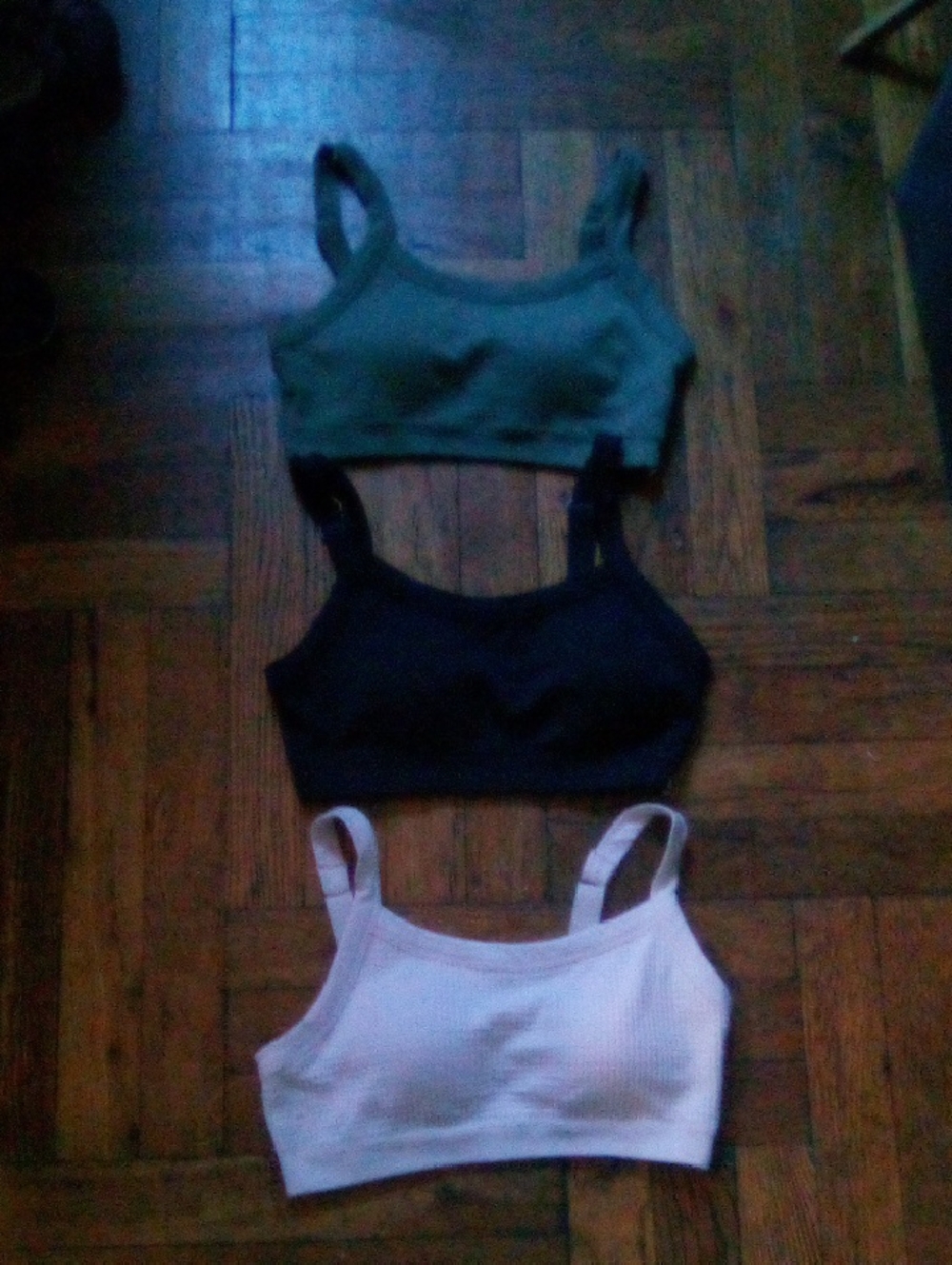 3-Pack Seamless Bralette Set - Olive, Black & Light Cream / Beige. Size Small.